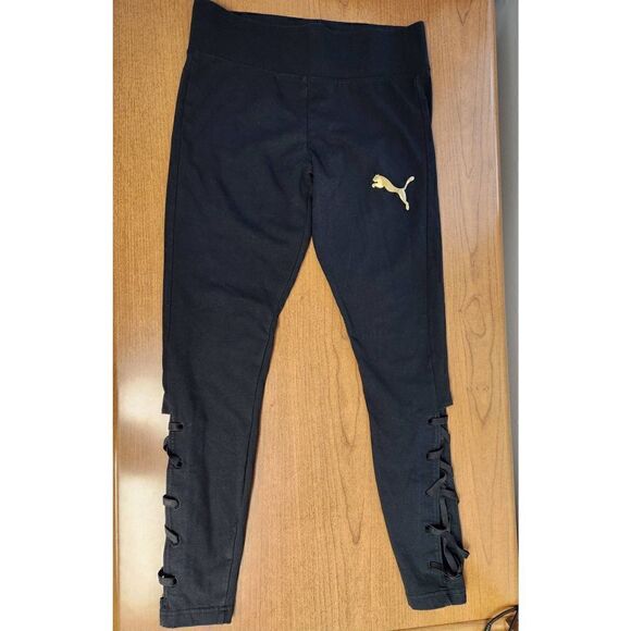 💕Puma Medium black Active Joggers Leggings with gold Puma logo and Open Sides - Picture 3 of 10
